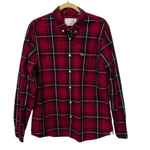 Lacoste Slim Fit Plaid Long Sleeve Button-Down Shirt L Red Black